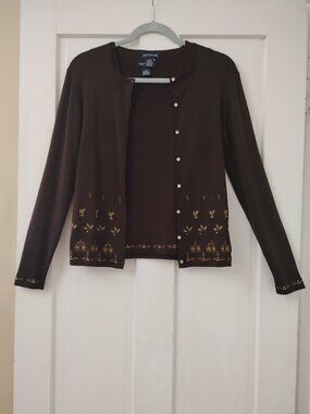 Ann Taylor 100% Silk Embroidered Top and Cardigan Set